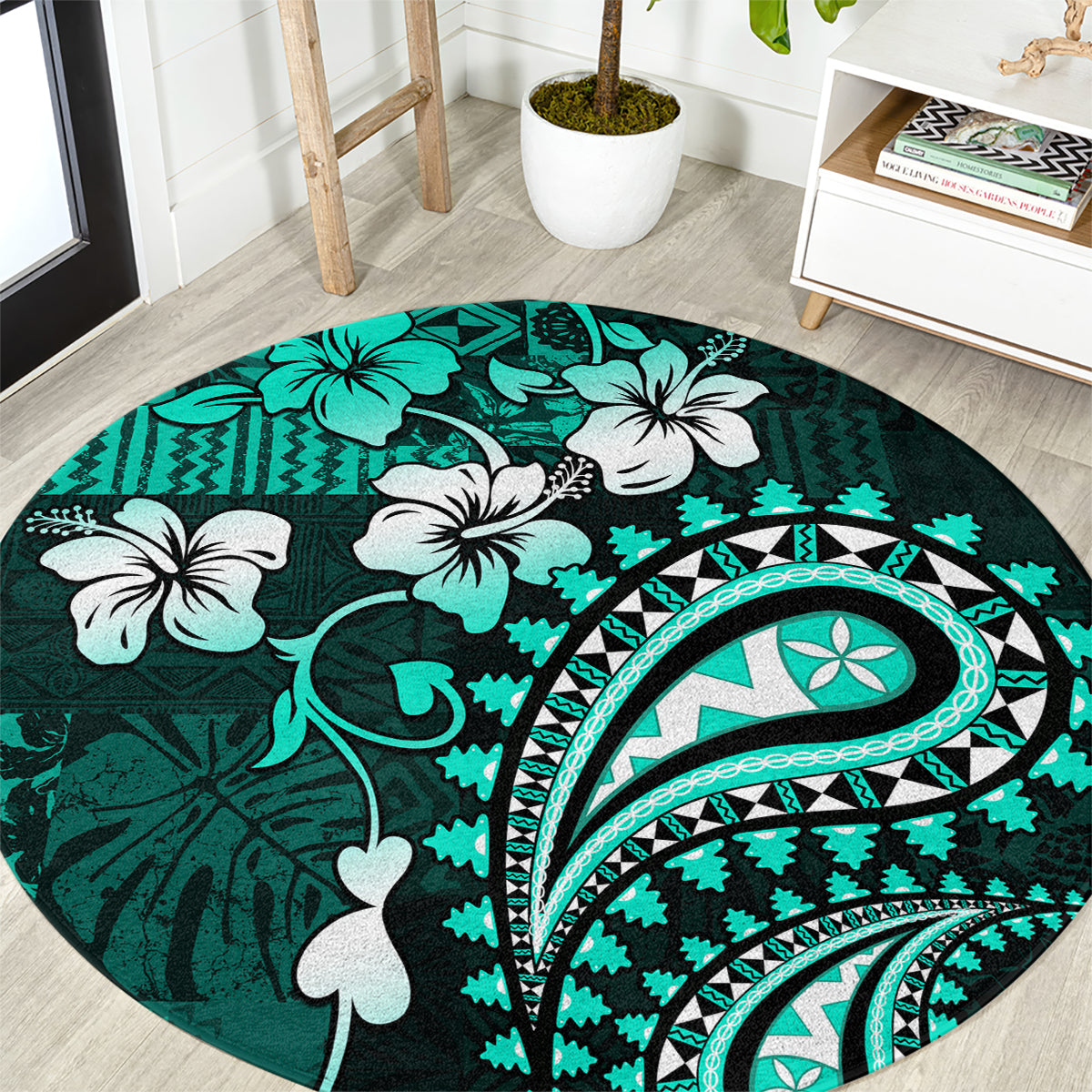 Fiji Masi Paisley Round Carpet Fijian Hibiscus Tapa Turquoise Version LT01 Turquoise - Polynesian Pride