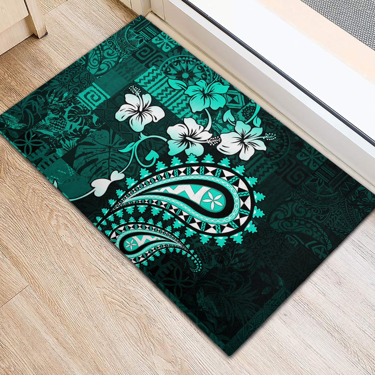 Fiji Masi Paisley Rubber Doormat Fijian Hibiscus Tapa Turquoise Version LT01 - Polynesian Pride