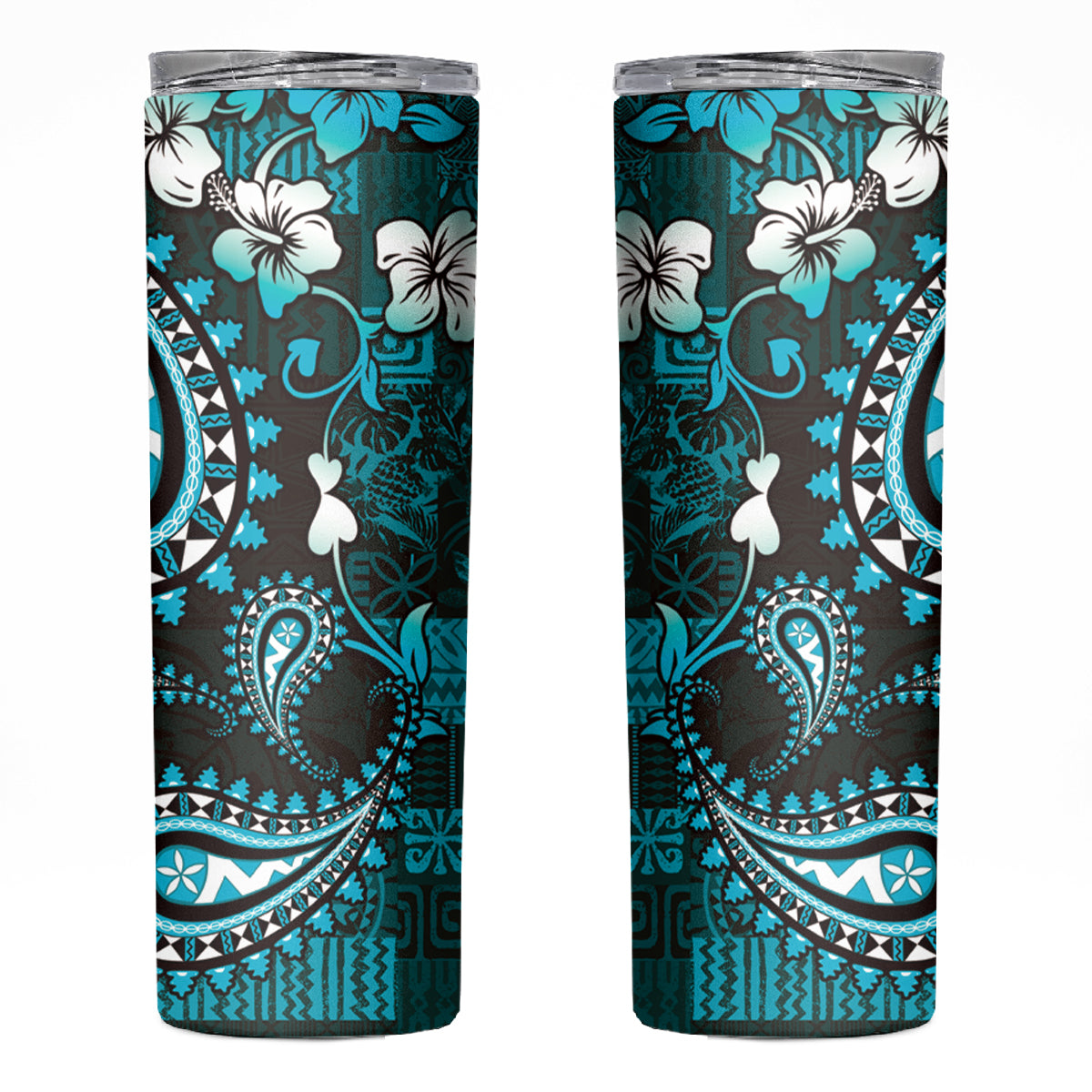 Fiji Masi Paisley Skinny Tumbler Fijian Hibiscus Tapa Turquoise Version