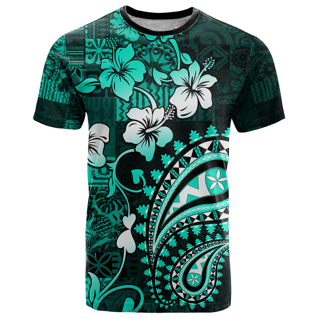 Fiji Masi Paisley T Shirt Fijian Hibiscus Tapa Turquoise Version LT01 Turquoise - Polynesian Pride