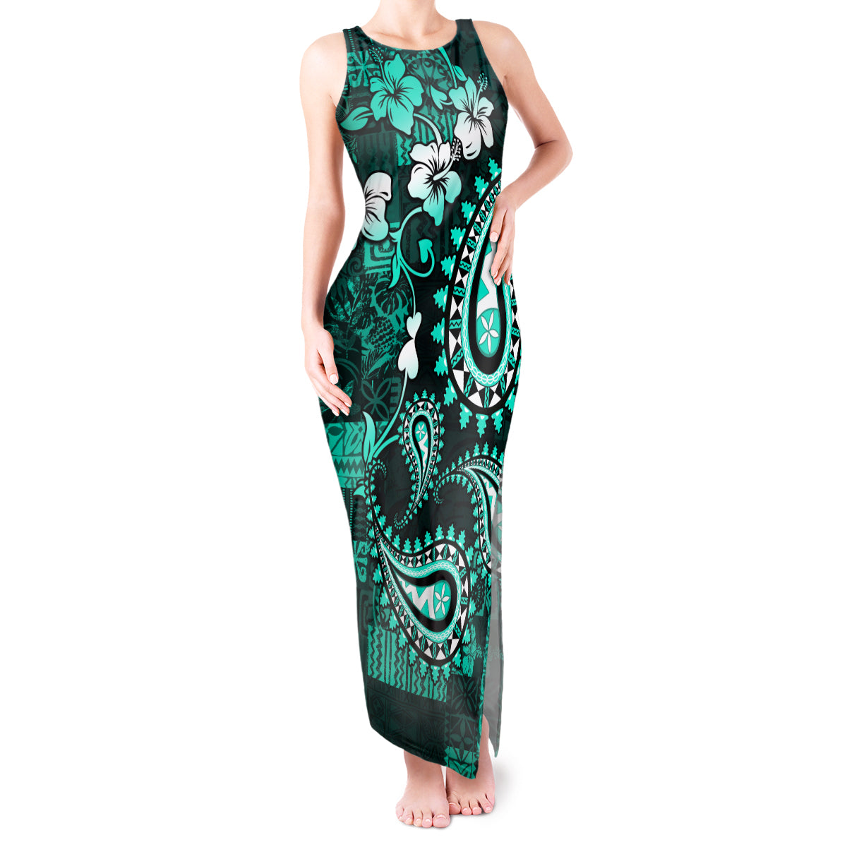 Fiji Masi Paisley Tank Maxi Dress Fijian Hibiscus Tapa Turquoise Version LT01 Women Turquoise - Polynesian Pride