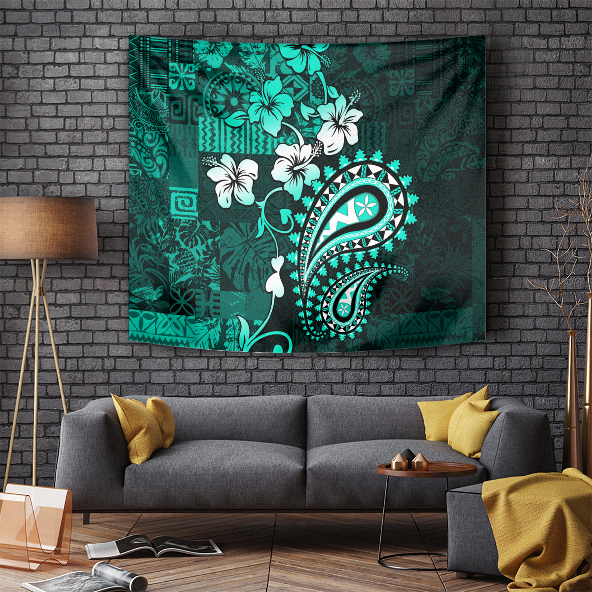 Fiji Masi Paisley Tapestry Fijian Hibiscus Tapa Turquoise Version LT01 Turquoise - Polynesian Pride