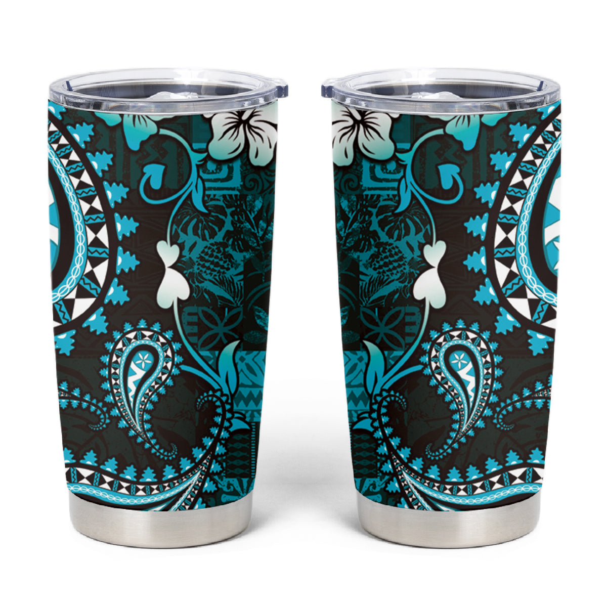 Fiji Masi Paisley Tumbler Cup Fijian Hibiscus Tapa Turquoise Version