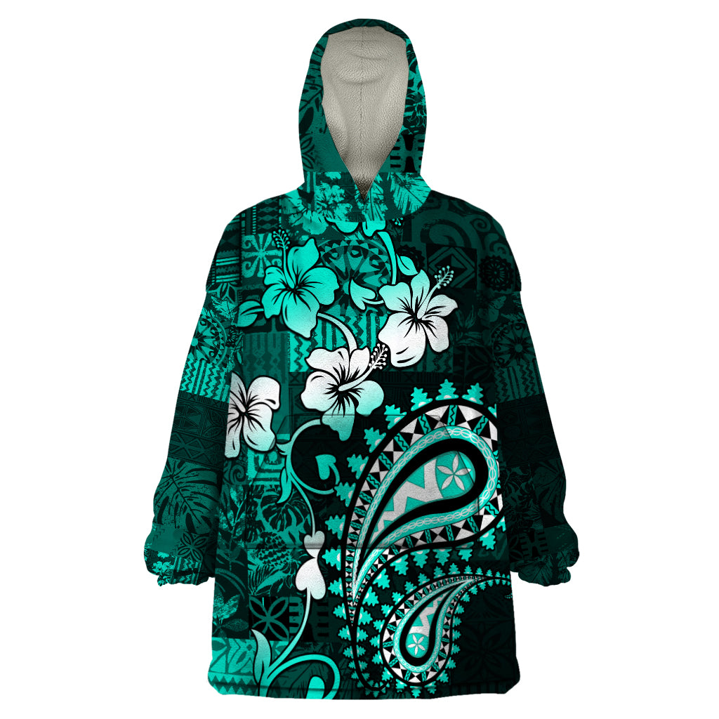 Fiji Masi Paisley Wearable Blanket Hoodie Fijian Hibiscus Tapa Turquoise Version LT01 One Size Turquoise - Polynesian Pride