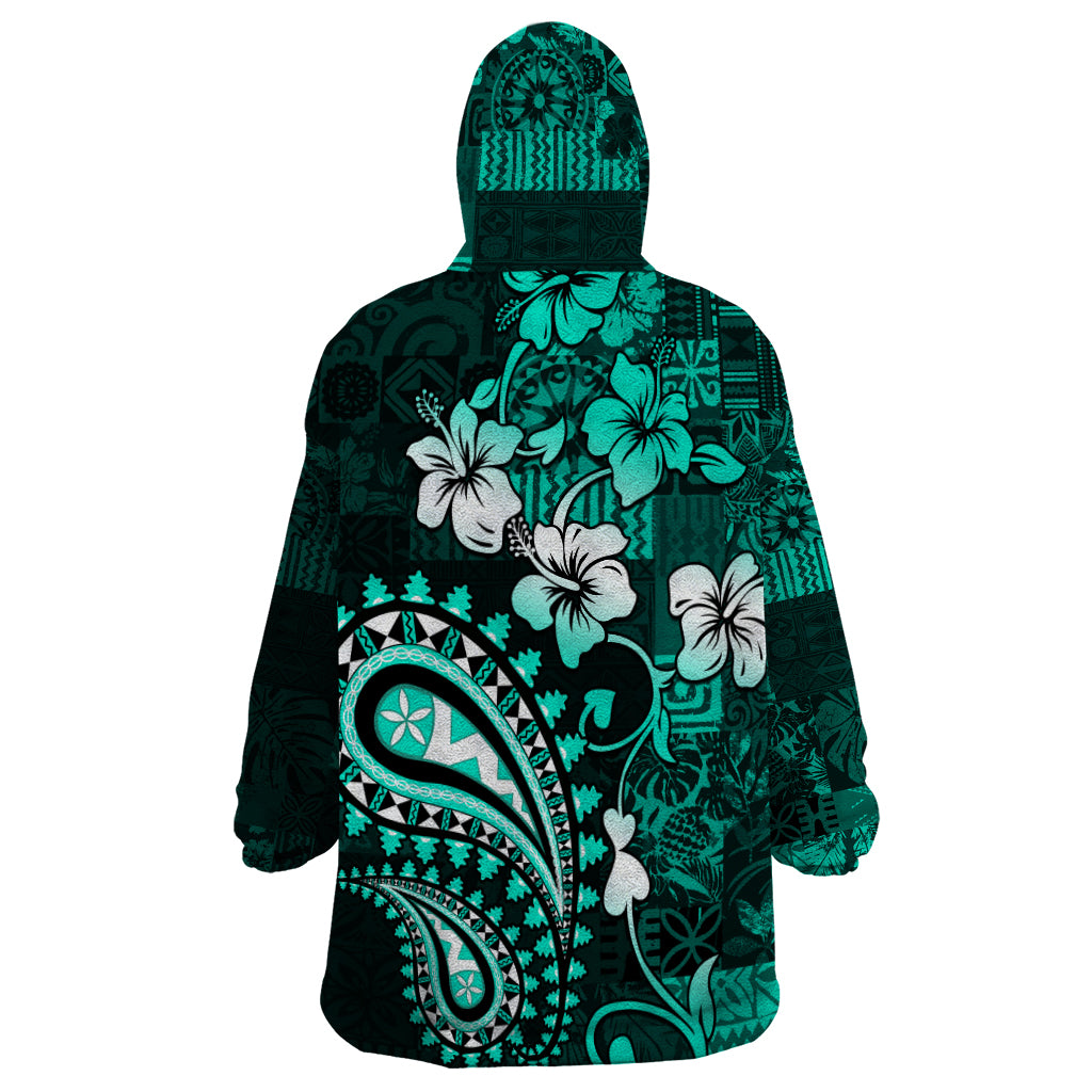 Fiji Masi Paisley Wearable Blanket Hoodie Fijian Hibiscus Tapa Turquoise Version LT01 - Polynesian Pride