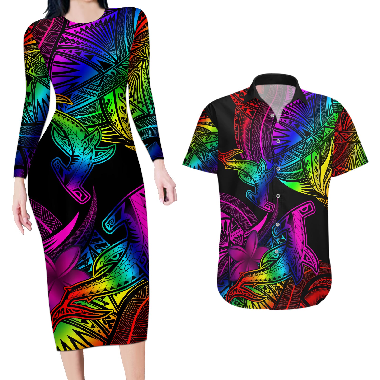 LGBT History Month Couples Matching Long Sleeve Bodycon Dress and Hawaiian Shirt Polynesian Hammerhead Shark LT01 Rainbow - Polynesian Pride