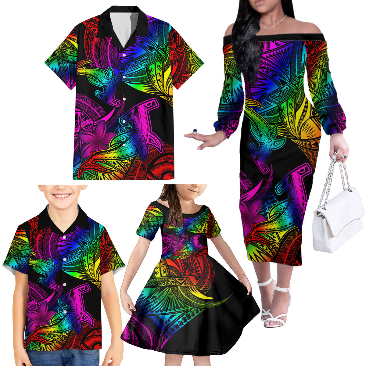 LGBT History Month Family Matching Off Shoulder Long Sleeve Dress and Hawaiian Shirt Polynesian Hammerhead Shark LT01 - Polynesian Pride