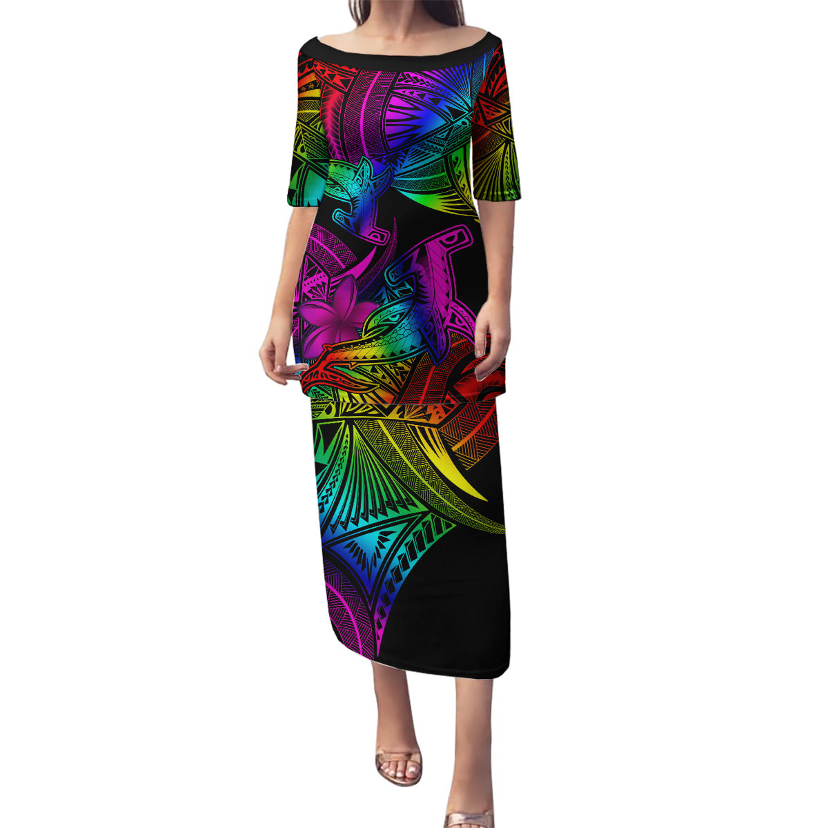 LGBT History Month Family Matching Puletasi and Hawaiian Shirt Polynesian Hammerhead Shark LT01 Mom's Dress Rainbow - Polynesian Pride