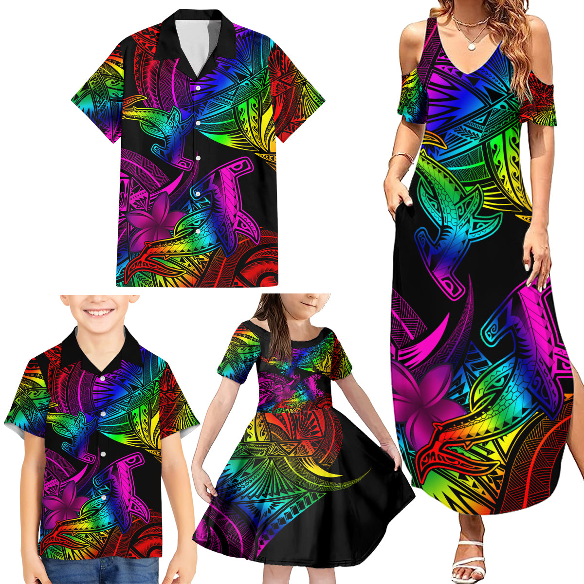 LGBT History Month Family Matching Summer Maxi Dress and Hawaiian Shirt Polynesian Hammerhead Shark LT01 - Polynesian Pride