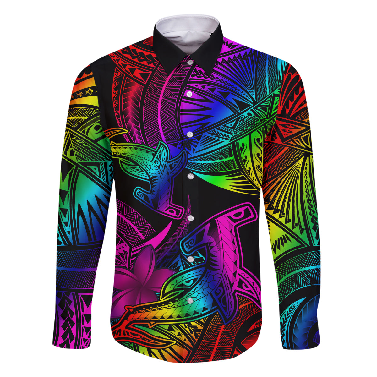 LGBT History Month Family Matching Tank Maxi Dress and Hawaiian Shirt Polynesian Hammerhead Shark LT01 Dad's Shirt - Long Sleeve Rainbow - Polynesian Pride