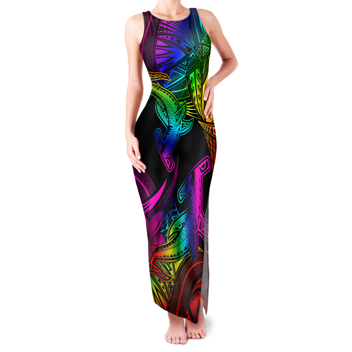LGBT History Month Family Matching Tank Maxi Dress and Hawaiian Shirt Polynesian Hammerhead Shark LT01 Mom's Dress Rainbow - Polynesian Pride