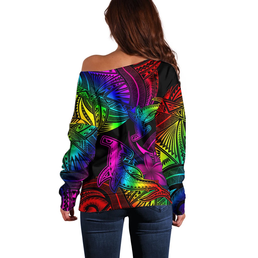 LGBT History Month Off Shoulder Sweater Polynesian Hammerhead Shark LT01 - Polynesian Pride