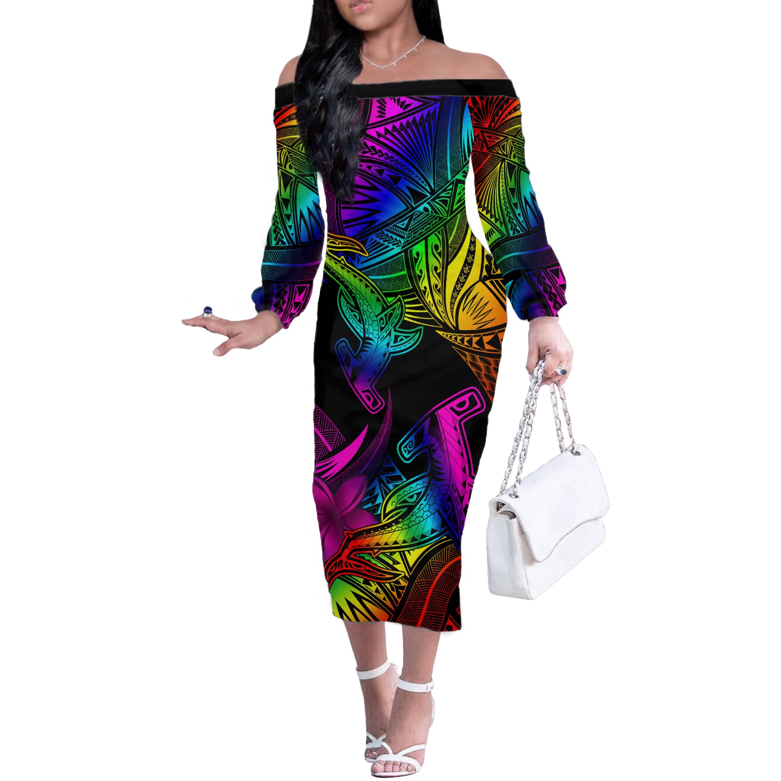 LGBT History Month Off The Shoulder Long Sleeve Dress Polynesian Hammerhead Shark LT01 Women Rainbow - Polynesian Pride