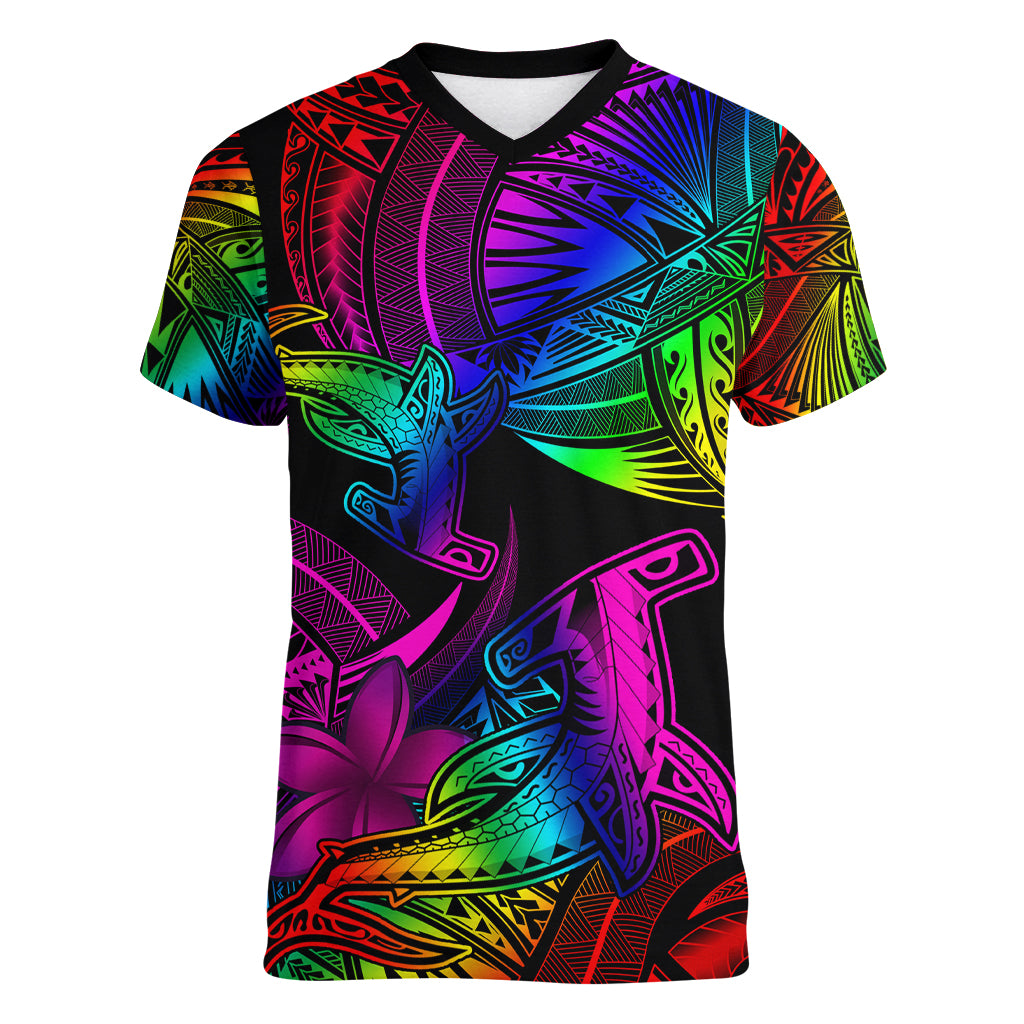 LGBT History Month Women V Neck T Shirt Polynesian Hammerhead Shark LT01 Female Rainbow - Polynesian Pride