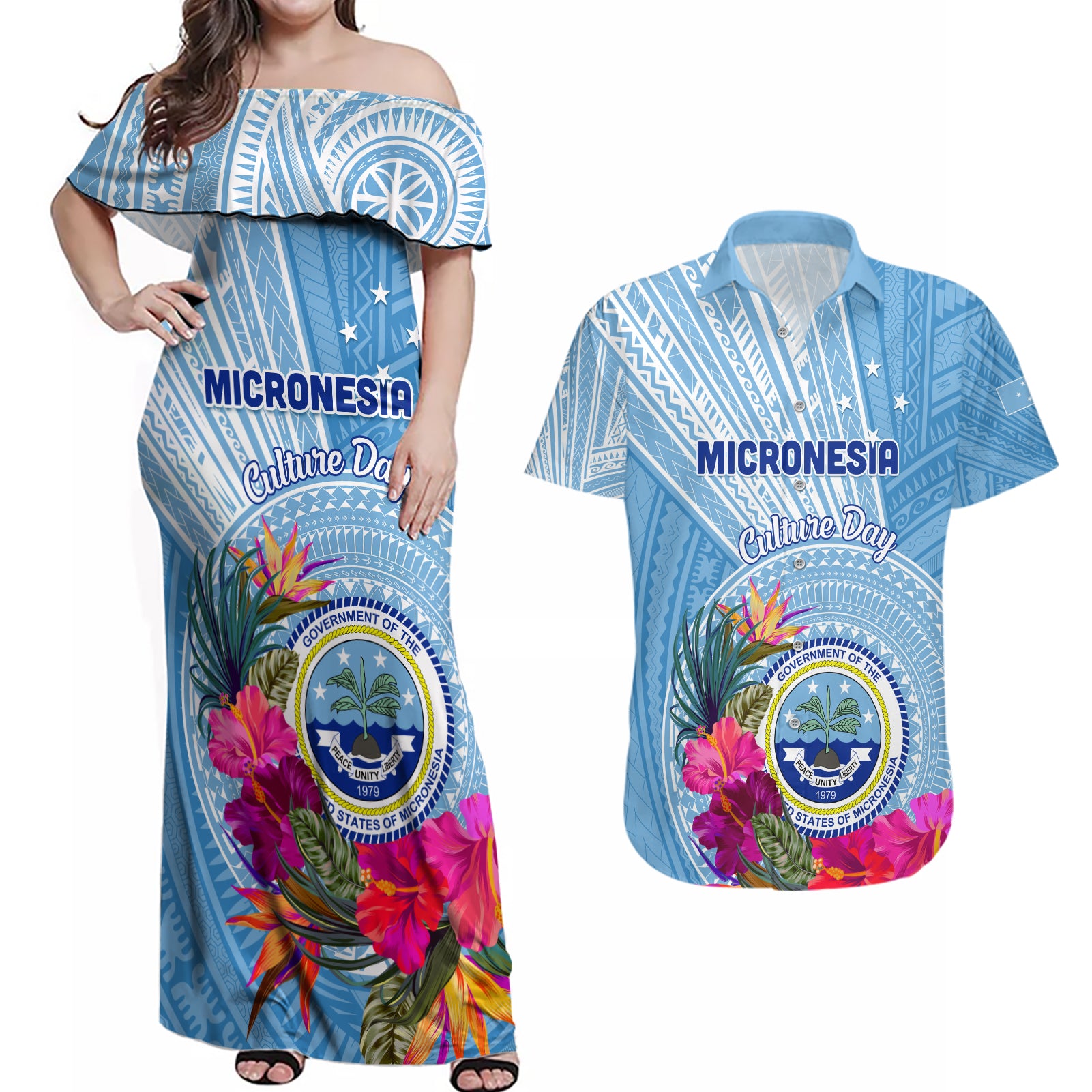 Micronesia Culture Day Couples Matching Off Shoulder Maxi Dress and Hawaiian Shirt Tribal Pattern Tropical Style LT01 Blue - Polynesian Pride