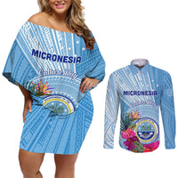 Micronesia Culture Day Couples Matching Off Shoulder Short Dress and Long Sleeve Button Shirt Tribal Pattern Tropical Style LT01 Blue - Polynesian Pride