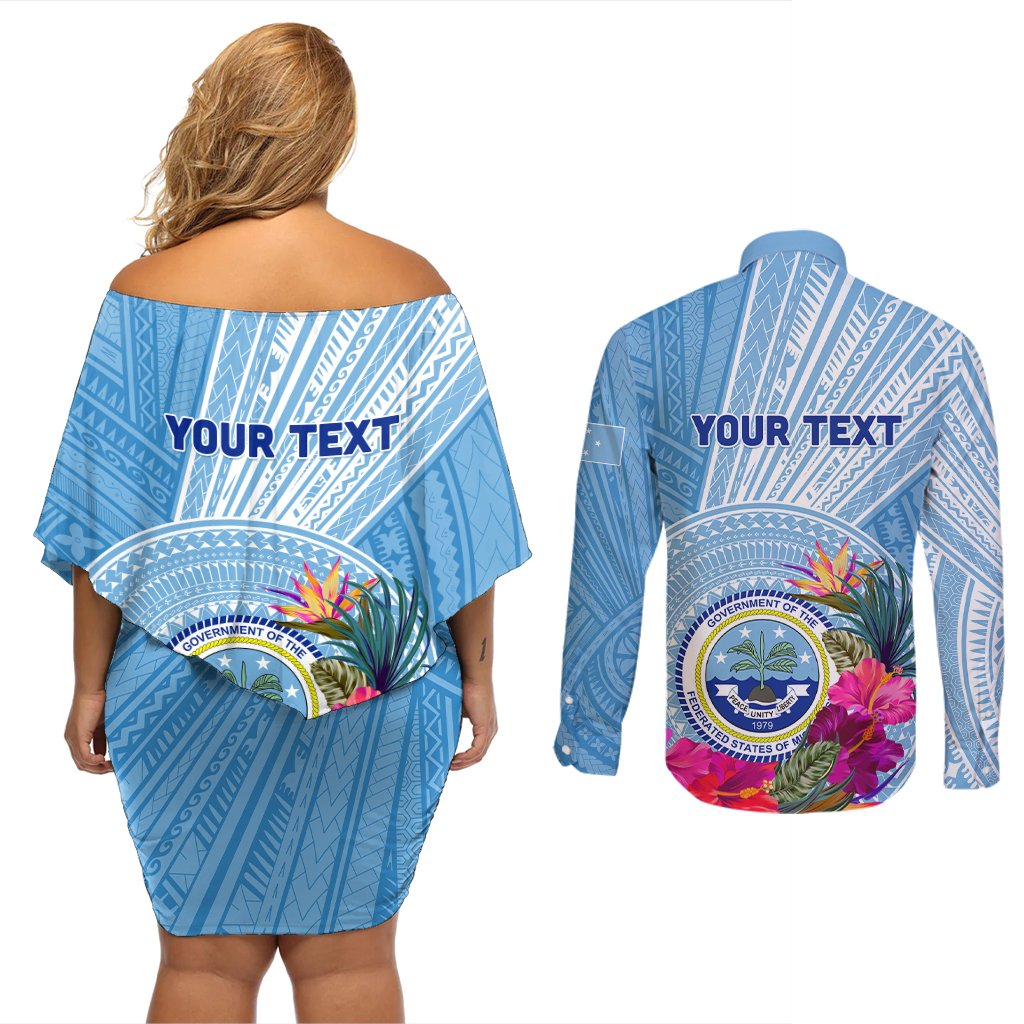 Micronesia Culture Day Couples Matching Off Shoulder Short Dress and Long Sleeve Button Shirt Tribal Pattern Tropical Style LT01 - Polynesian Pride