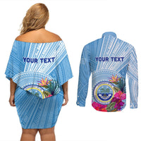 Micronesia Culture Day Couples Matching Off Shoulder Short Dress and Long Sleeve Button Shirt Tribal Pattern Tropical Style LT01 - Polynesian Pride