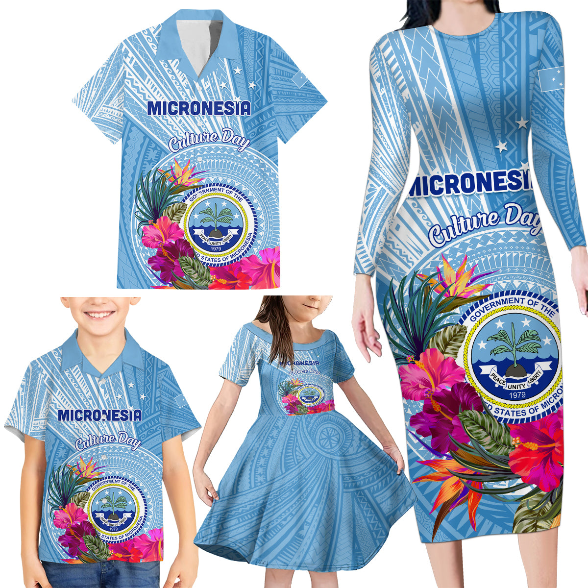 Micronesia Culture Day Family Matching Long Sleeve Bodycon Dress and Hawaiian Shirt Tribal Pattern Tropical Style LT01 - Polynesian Pride