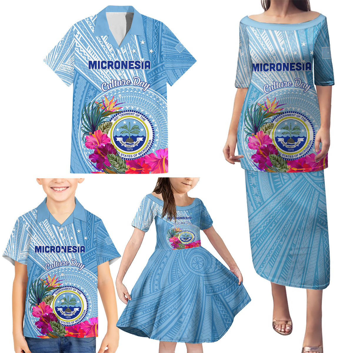 Micronesia Culture Day Family Matching Puletasi and Hawaiian Shirt Tribal Pattern Tropical Style LT01 - Polynesian Pride