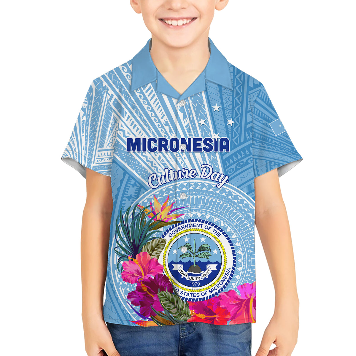 Micronesia Culture Day Family Matching Short Sleeve Bodycon Dress and Hawaiian Shirt Tribal Pattern Tropical Style LT01 Son's Shirt Blue - Polynesian Pride