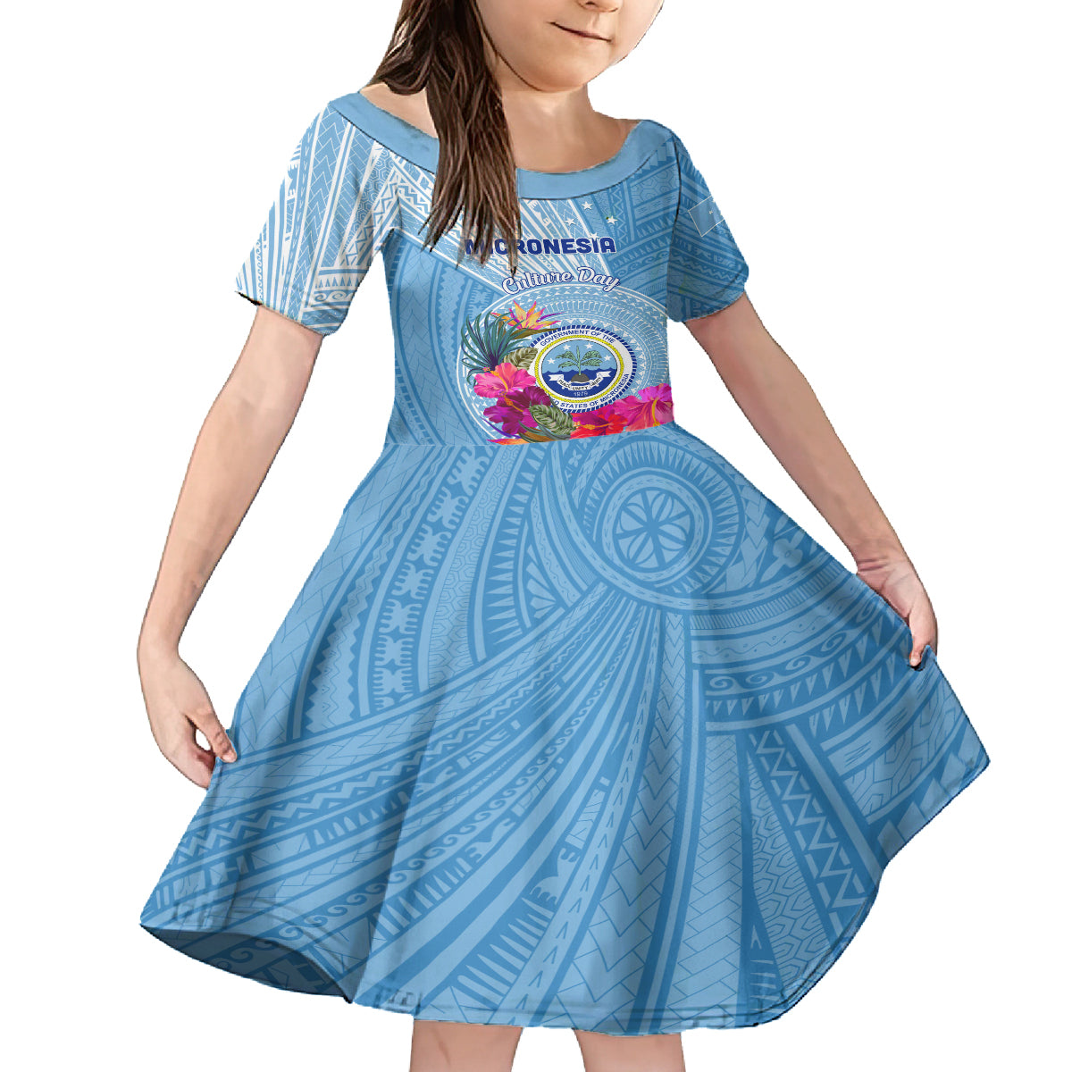Micronesia Culture Day Family Matching Summer Maxi Dress and Hawaiian Shirt Tribal Pattern Tropical Style LT01 Daughter's Dress Blue - Polynesian Pride