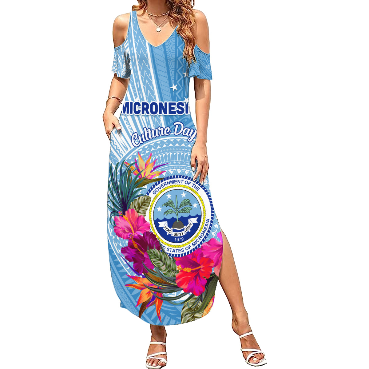 Micronesia Culture Day Family Matching Summer Maxi Dress and Hawaiian Shirt Tribal Pattern Tropical Style LT01 Mom's Dress Blue - Polynesian Pride