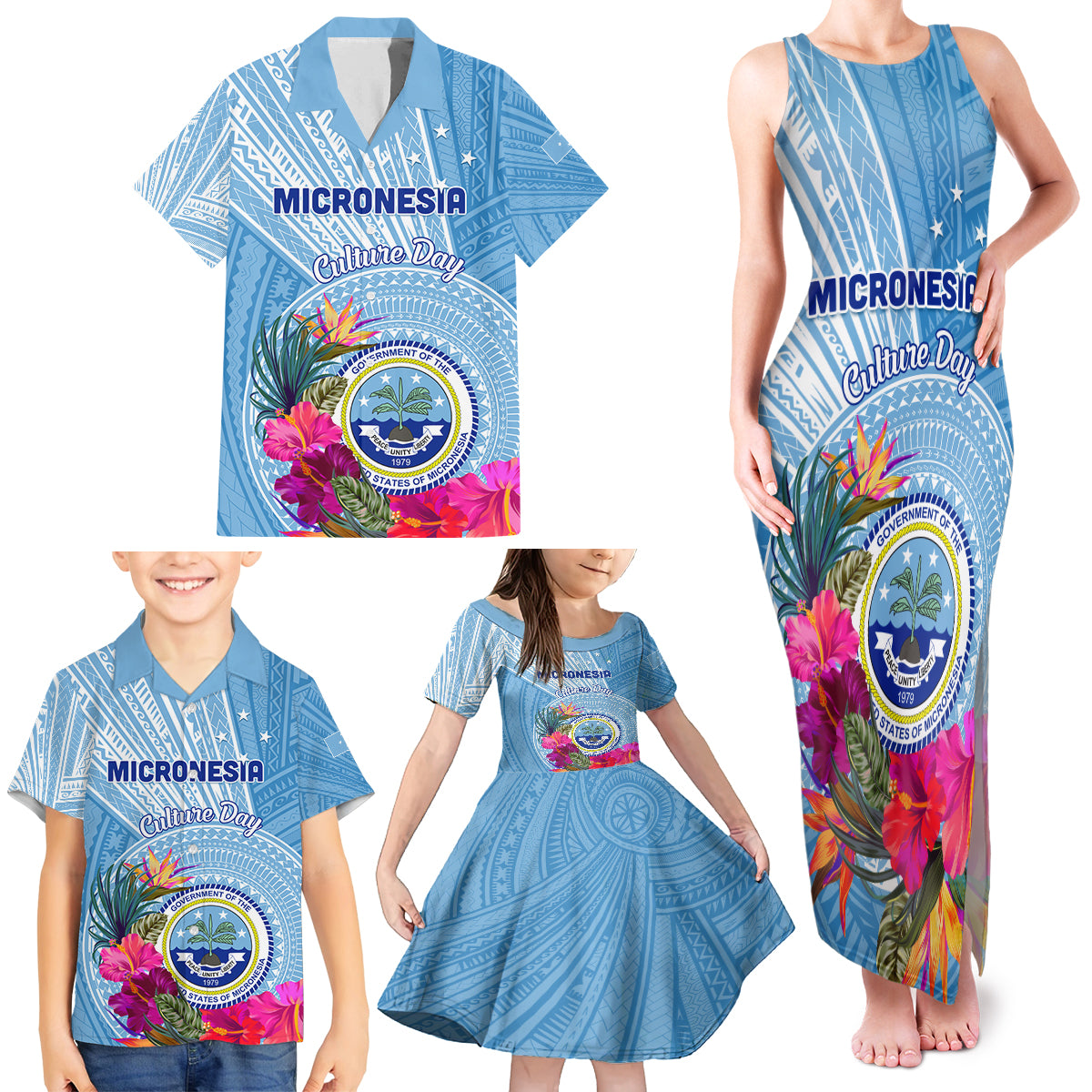 Micronesia Culture Day Family Matching Tank Maxi Dress and Hawaiian Shirt Tribal Pattern Tropical Style LT01 - Polynesian Pride