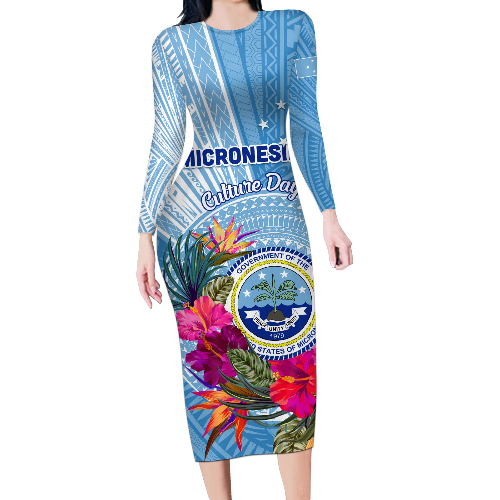 Micronesia Culture Day Long Sleeve Bodycon Dress Tribal Pattern Tropical Style LT01 Long Dress Blue - Polynesian Pride