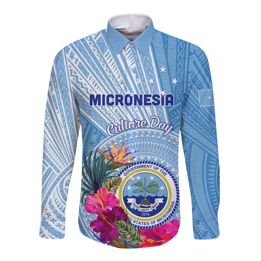 Micronesia Culture Day Long Sleeve Button Shirt Tribal Pattern Tropical Style LT01 Unisex Blue - Polynesian Pride