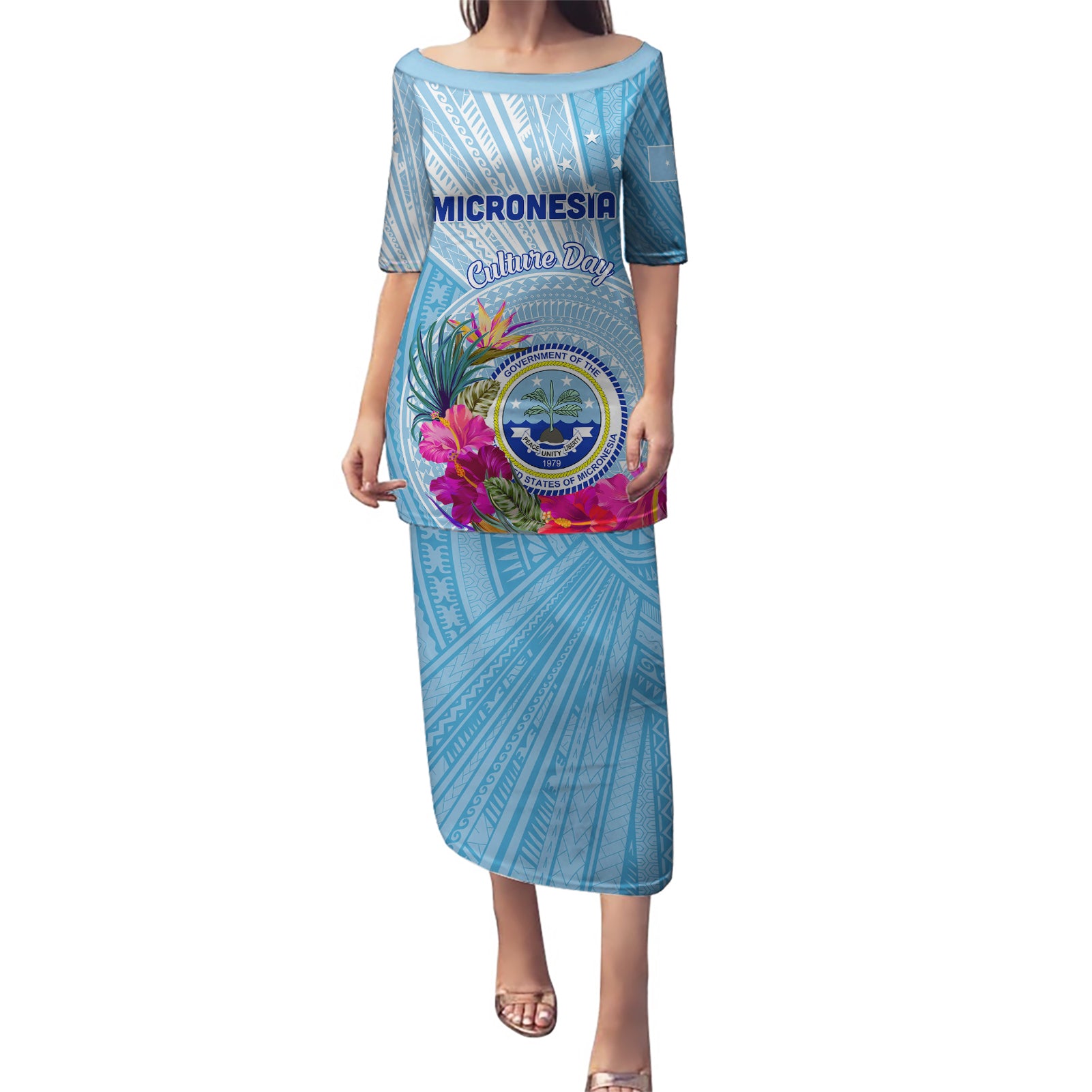 Micronesia Culture Day Puletasi Tribal Pattern Tropical Style LT01 Long Dress Blue - Polynesian Pride