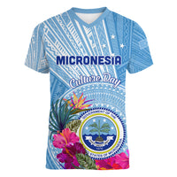 Micronesia Culture Day Women V Neck T Shirt Tribal Pattern Tropical Style LT01 Female Blue - Polynesian Pride