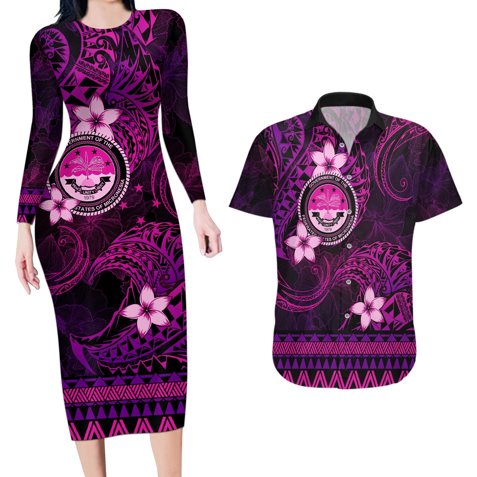 FSM Culture Day Couples Matching Long Sleeve Bodycon Dress and Hawaiian Shirt Tribal Pattern Pink Version LT01 Pink - Polynesian Pride