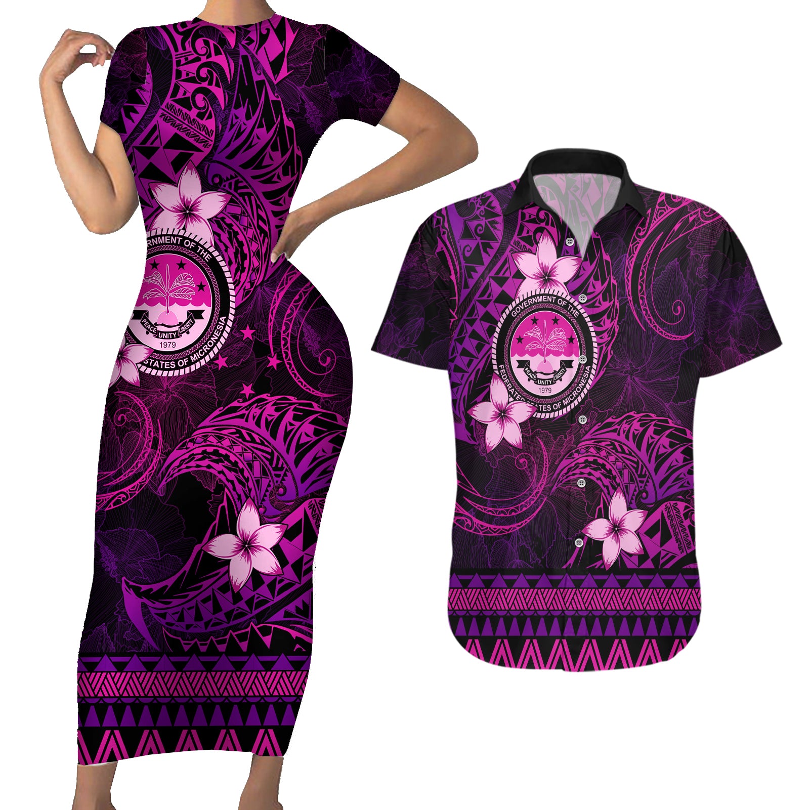 FSM Culture Day Couples Matching Short Sleeve Bodycon Dress and Hawaiian Shirt Tribal Pattern Pink Version LT01 Pink - Polynesian Pride