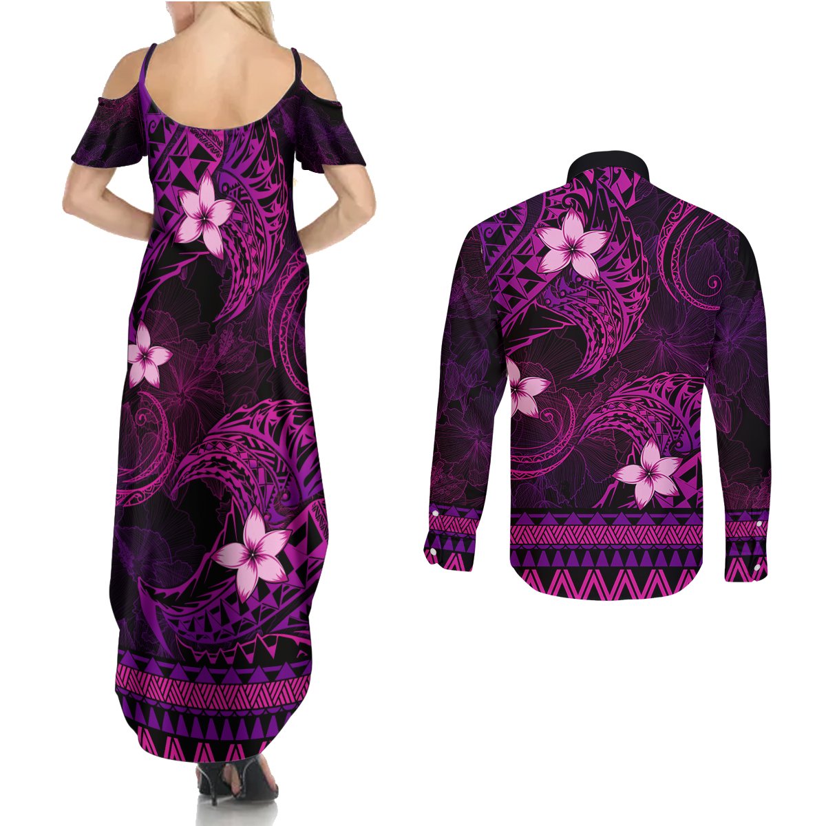 FSM Culture Day Couples Matching Summer Maxi Dress and Long Sleeve Button Shirt Tribal Pattern Pink Version LT01 - Polynesian Pride