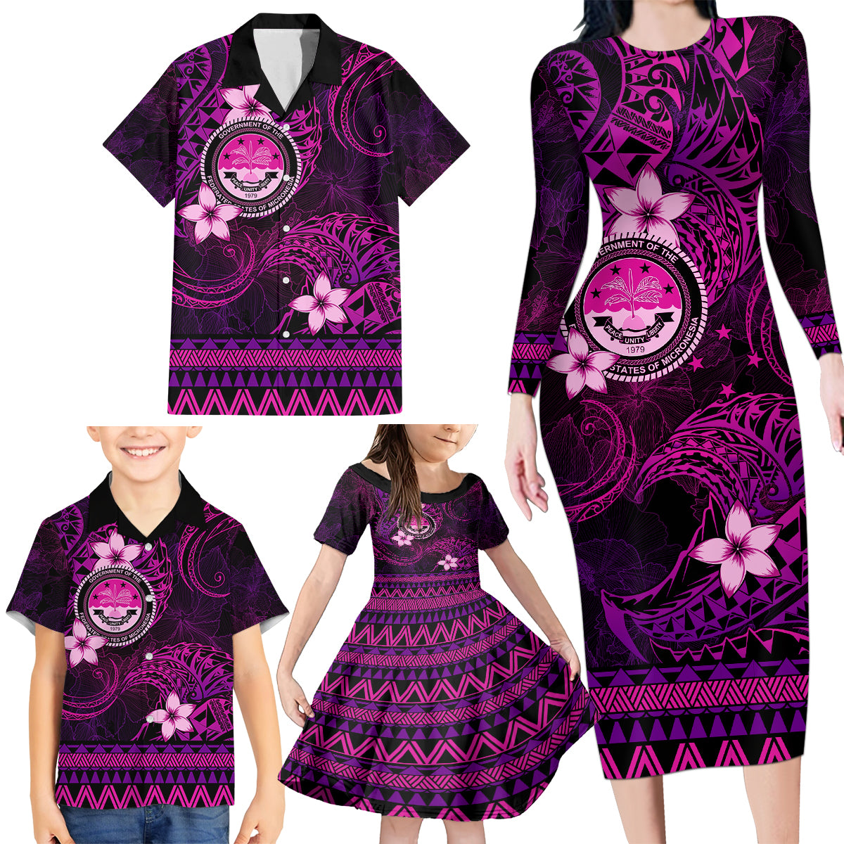 FSM Culture Day Family Matching Long Sleeve Bodycon Dress and Hawaiian Shirt Tribal Pattern Pink Version LT01 - Polynesian Pride