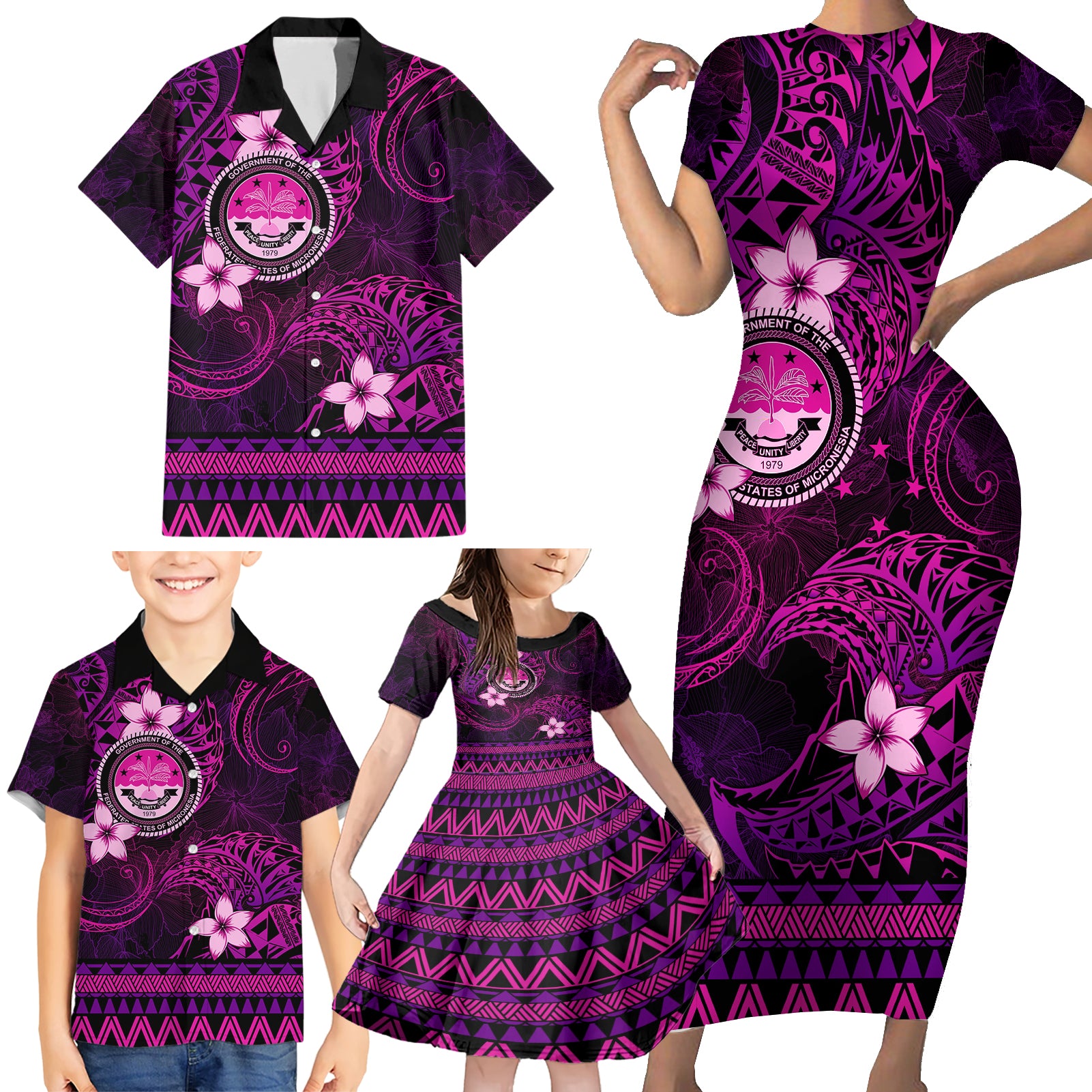 FSM Culture Day Family Matching Short Sleeve Bodycon Dress and Hawaiian Shirt Tribal Pattern Pink Version LT01 - Polynesian Pride