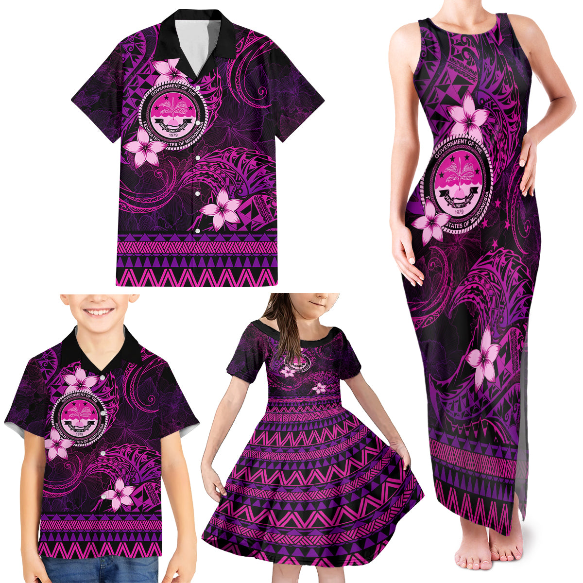 FSM Culture Day Family Matching Tank Maxi Dress and Hawaiian Shirt Tribal Pattern Pink Version LT01 - Polynesian Pride