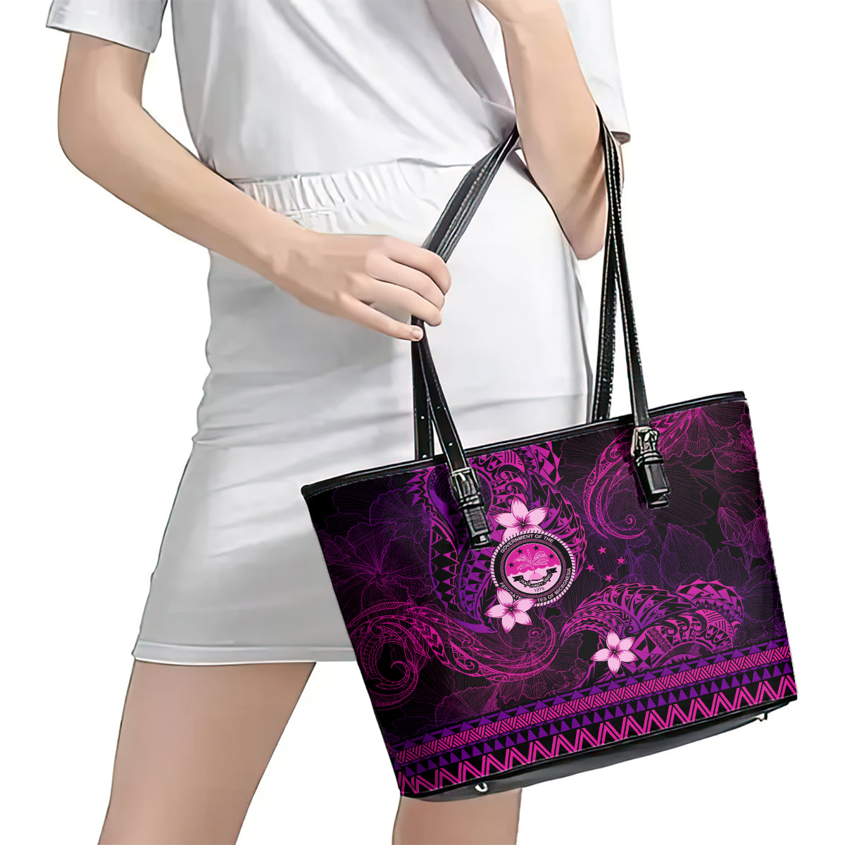 FSM Culture Day Leather Tote Bag Tribal Pattern Pink Version LT01 - Polynesian Pride