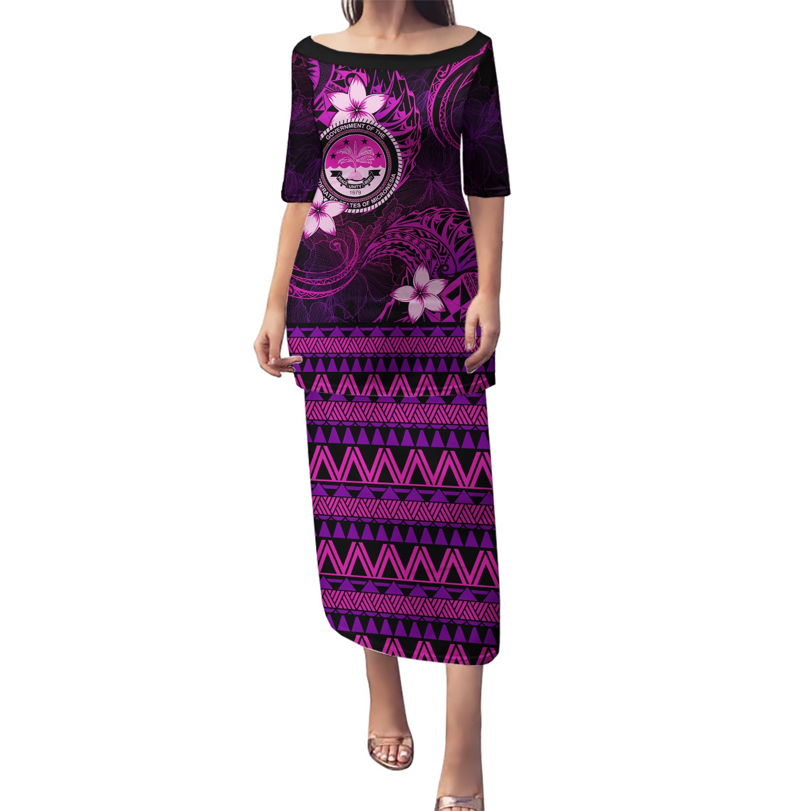 FSM Culture Day Puletasi Tribal Pattern Pink Version LT01 Long Dress Pink - Polynesian Pride