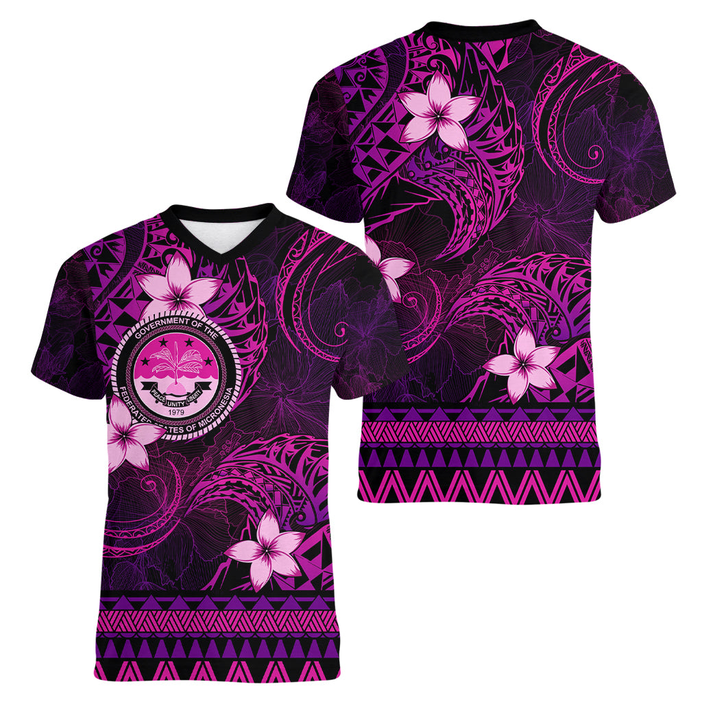 FSM Culture Day Women V Neck T Shirt Tribal Pattern Pink Version LT01 - Polynesian Pride