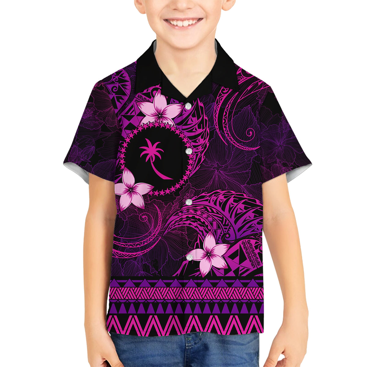 FSM Chuuk State Family Matching Long Sleeve Bodycon Dress and Hawaiian Shirt Tribal Pattern Pink Version LT01 Son's Shirt Pink - Polynesian Pride