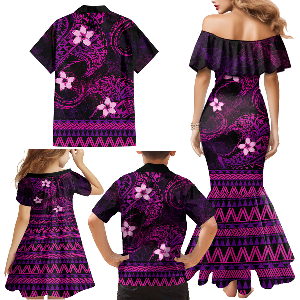 FSM Chuuk State Family Matching Mermaid Dress and Hawaiian Shirt Tribal Pattern Pink Version LT01 - Polynesian Pride