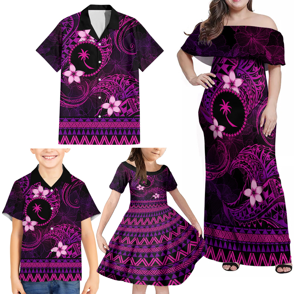 FSM Chuuk State Family Matching Off Shoulder Maxi Dress and Hawaiian Shirt Tribal Pattern Pink Version LT01 - Polynesian Pride