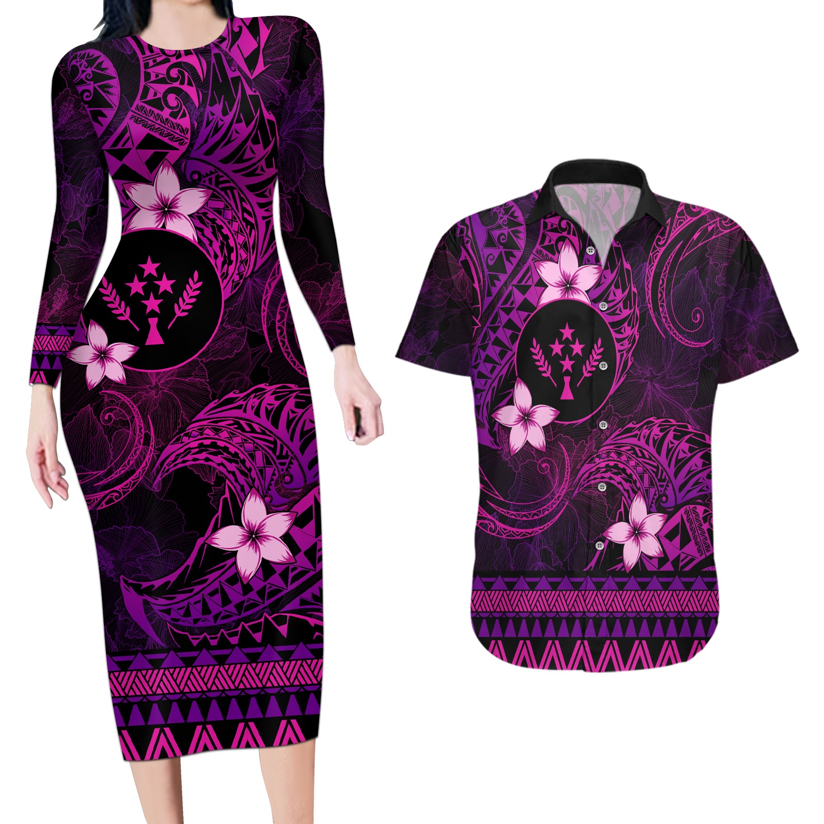 FSM Kosrae State Couples Matching Long Sleeve Bodycon Dress and Hawaiian Shirt Tribal Pattern Pink Version LT01 Pink - Polynesian Pride