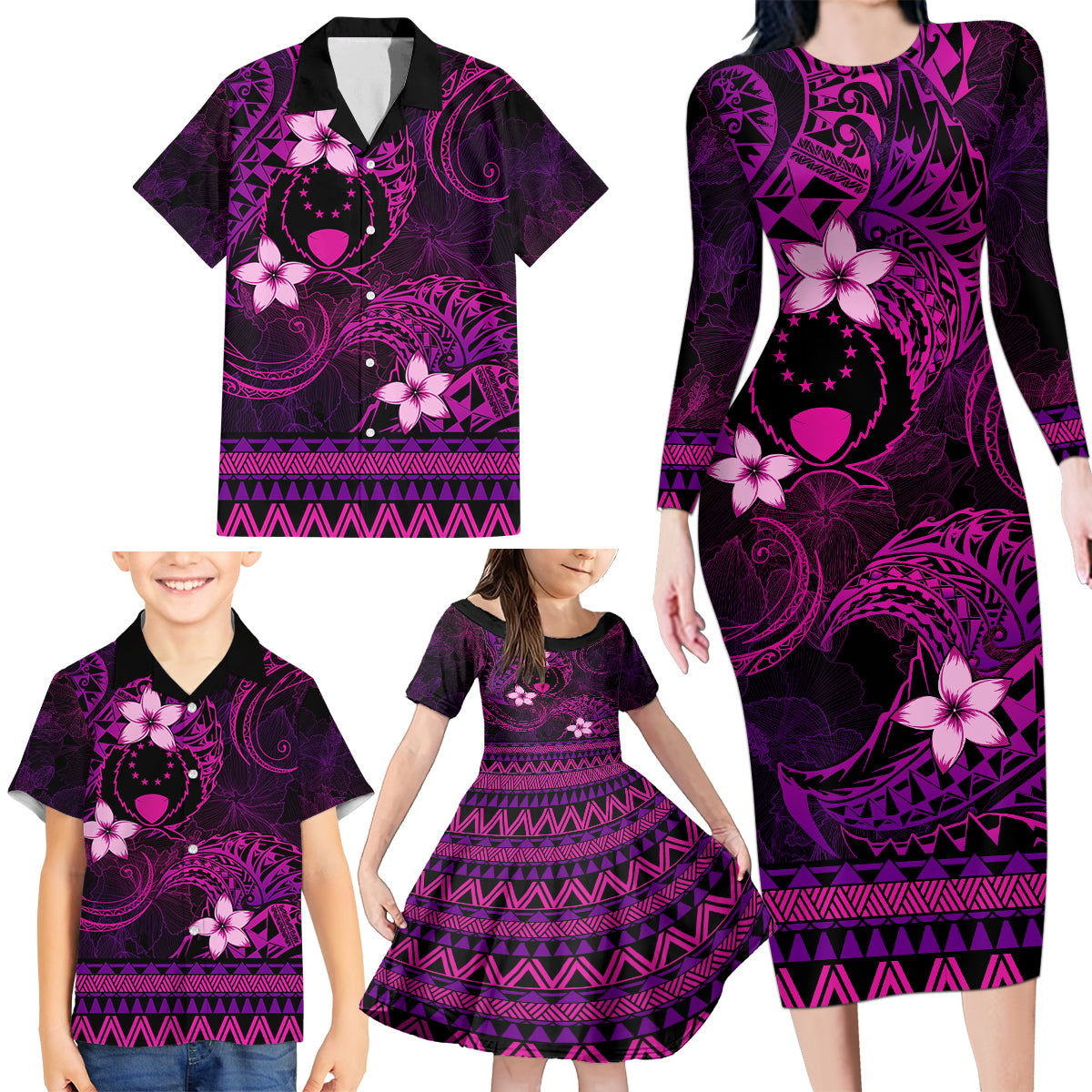 FSM Pohnpei State Family Matching Long Sleeve Bodycon Dress and Hawaiian Shirt Tribal Pattern Pink Version LT01 - Polynesian Pride