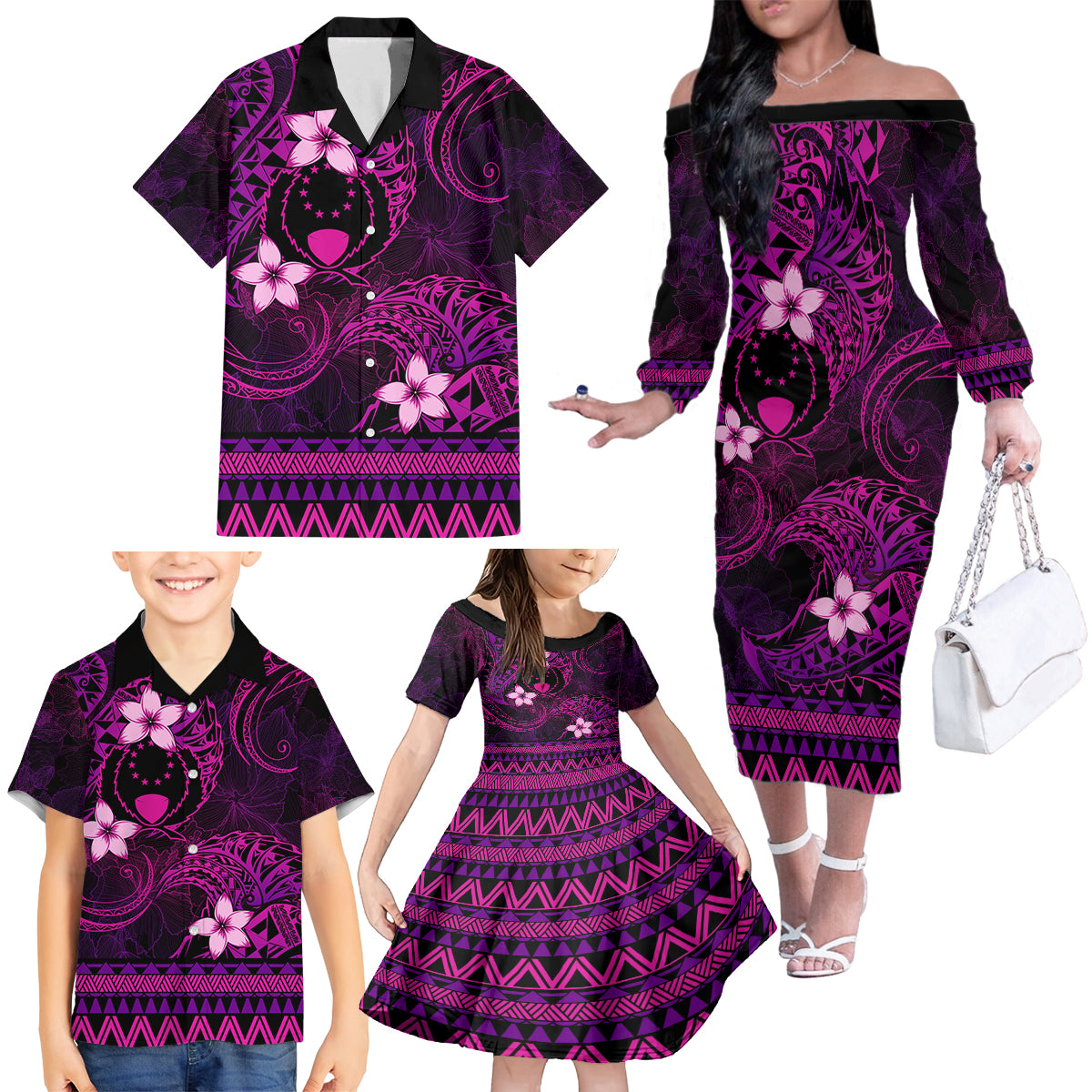 FSM Pohnpei State Family Matching Off Shoulder Long Sleeve Dress and Hawaiian Shirt Tribal Pattern Pink Version LT01 - Polynesian Pride