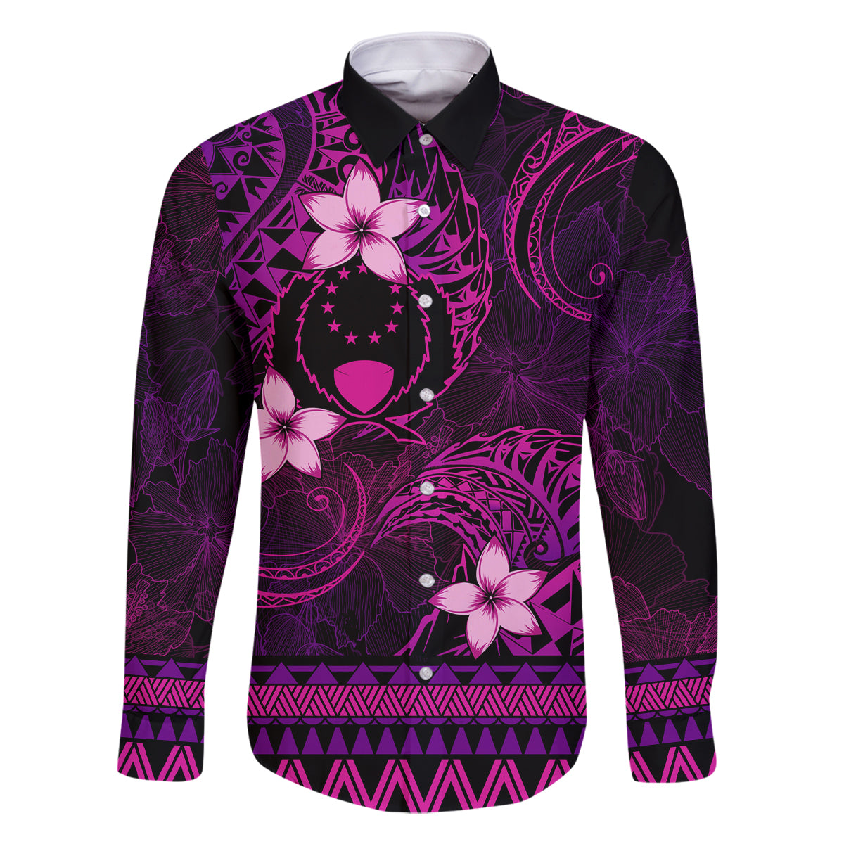 FSM Pohnpei State Family Matching Off Shoulder Maxi Dress and Hawaiian Shirt Tribal Pattern Pink Version LT01 Dad's Shirt - Long Sleeve Pink - Polynesian Pride