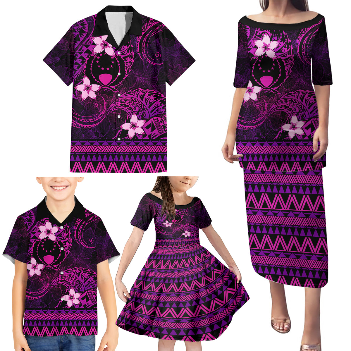 FSM Pohnpei State Family Matching Puletasi and Hawaiian Shirt Tribal Pattern Pink Version LT01 - Polynesian Pride