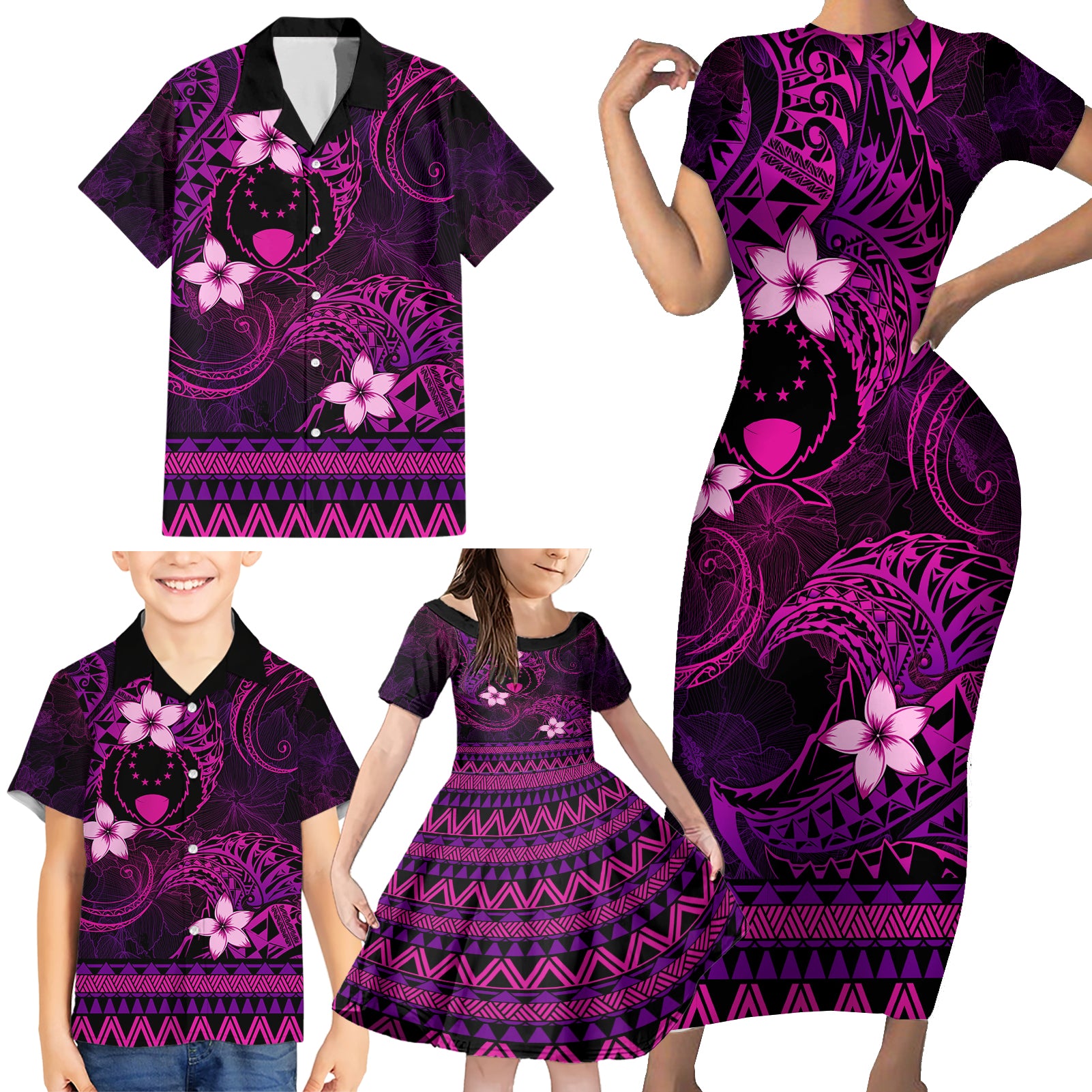 FSM Pohnpei State Family Matching Short Sleeve Bodycon Dress and Hawaiian Shirt Tribal Pattern Pink Version LT01 - Polynesian Pride